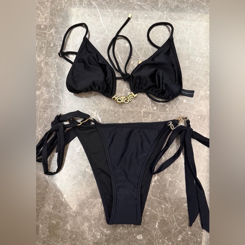 South Beach Black Triangle Bikini with Gold Accent NWOT